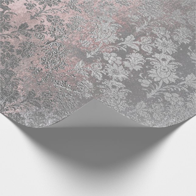 Grungy Gray Pink Rose Silver Powder Blush Floral Wrapping Paper (Corner)