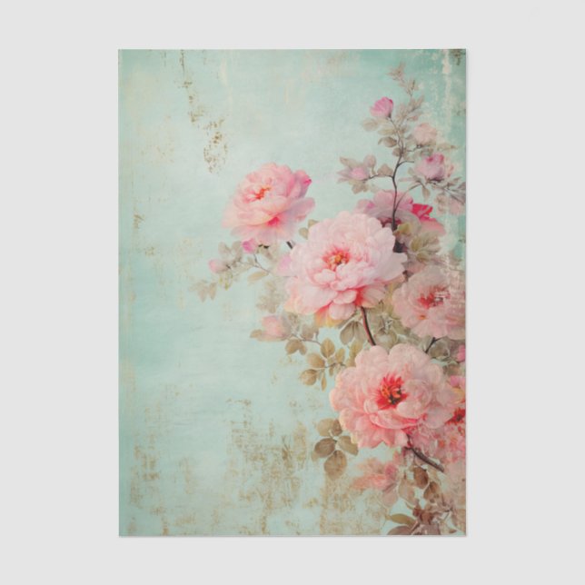 Grungy Large Pink Flower Pattern on Aqua BG Tissue Paper (Front)