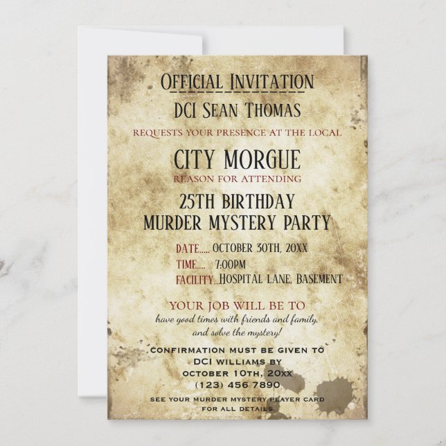 Grungy Murder Mystery Birthday Invitation (Front)