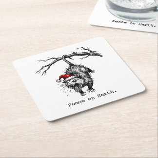 Grungy Opossum Silent Scream Peace on Earth Square Paper Coaster