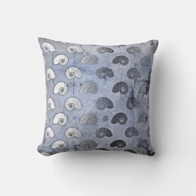 Grungy Silver Gray Blue Seashells Ocean Beach Cushion (Front)