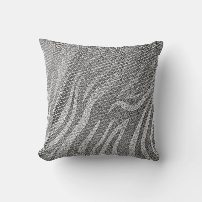 Grungy Silver Sequin Abstract Gray Zebra Texture Cushion (Front)