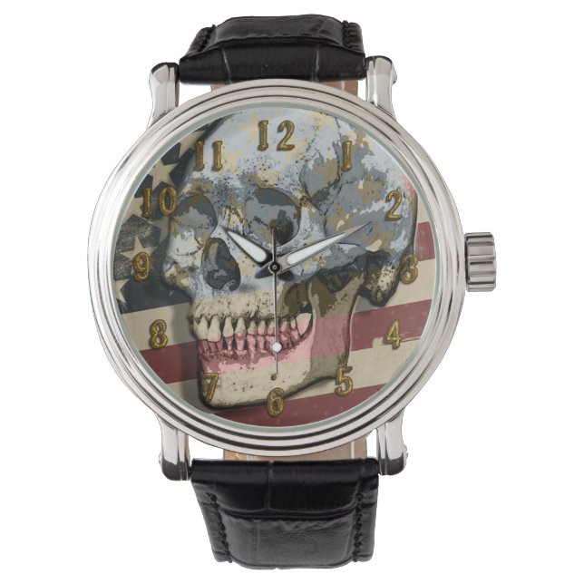 Grungy Skull Over Vintage Style American Flag Watch (Front)