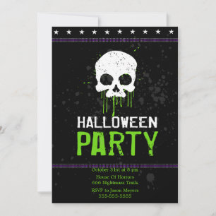 Grungy Skulls Halloween Party Invitations (Green)