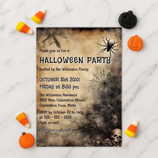 Grungy Spiderweb Skulls and Bare Tree Halloween Invitation (Creator Uploaded)