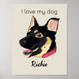 GSD Puppy Illustration Monogram Dog Lover Gift Poster