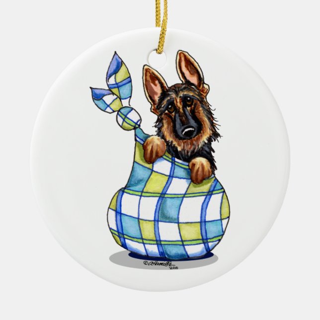GSD Sack Puppy First Christmas Personalised Ceramic Tree Decoration (Front)