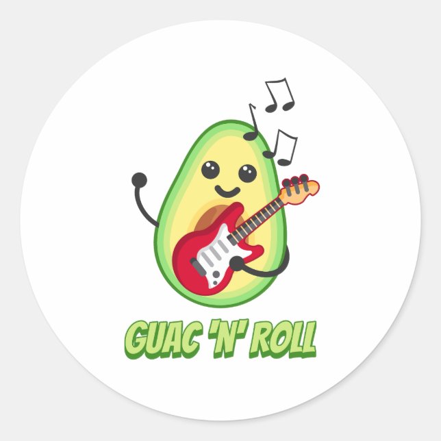 Guac 'n' Roll! Cute avocado music cartoon Classic Round Sticker (Front)