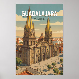 Guadalajara Mexico Illustration Travel Art Vintage Poster