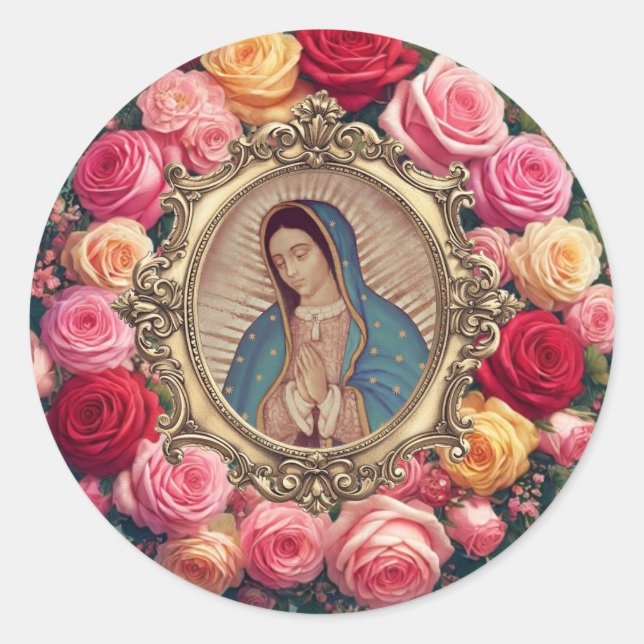 Guadalupe Roses Religious Elegant Floral Classic Round Sticker (Front)
