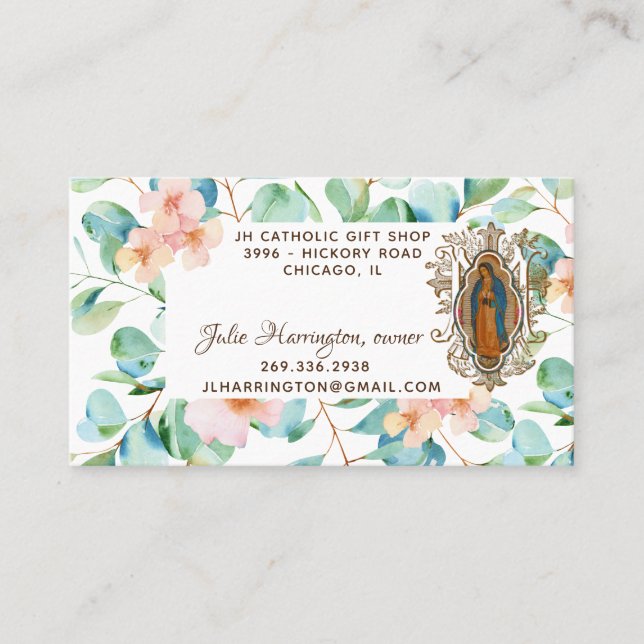 Guadalupe Virgin Mary Eucalyptus Religious Floral Business Card (Front)