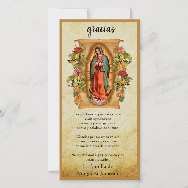 Guadalupe Virgin Mary Funeral Condolence Spanish Thank You Card (Front)