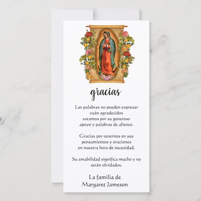 Guadalupe Virgin Mary Funeral Condolence Spanish Thank You Card (Front)