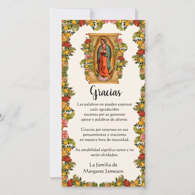 Guadalupe Virgin Mary Funeral Condolence Spanish Thank You Card (Front)