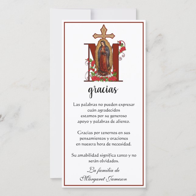 Guadalupe Virgin Mary Funeral Condolence Spanish Thank You Card (Front)