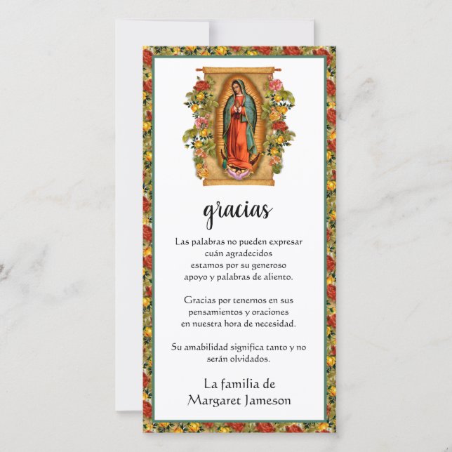 Guadalupe Virgin Mary Funeral Condolence Spanish  Thank You Card (Front)