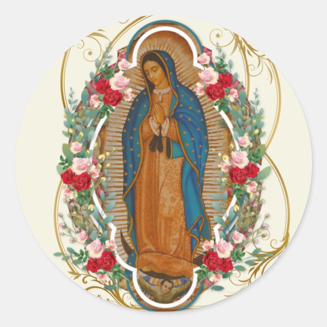 Guadalupe Virgin Mary Spanish Prayer Holy Card Classic Round Sticker (Front)