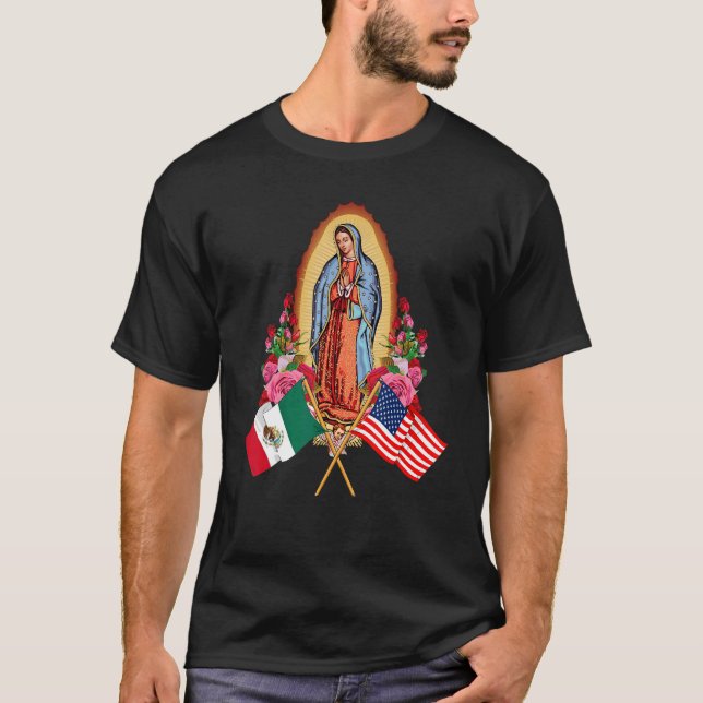 Guadalupe with Mexican and US flag T-Shirt (Front)