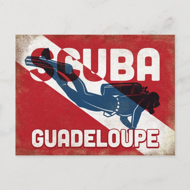 Guadeloupe Scuba Diver - Blue Retro Postcard (Front)