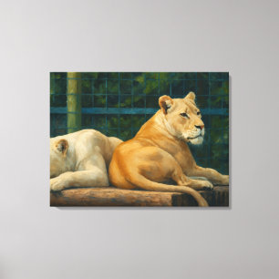 Guarded Rest – Lion Pair in Sanctuary Setting Canvas Print