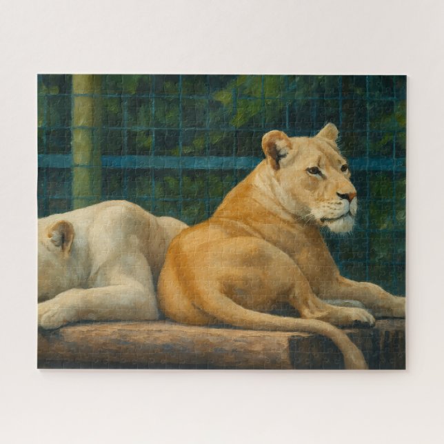 Guarded Rest – Lion Pair in Sanctuary Setting Jigsaw Puzzle (Horizontal)