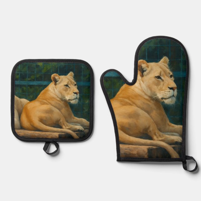 Guarded Rest – Lion Pair in Sanctuary Setting Oven Mitt & Pot Holder Set (Front)