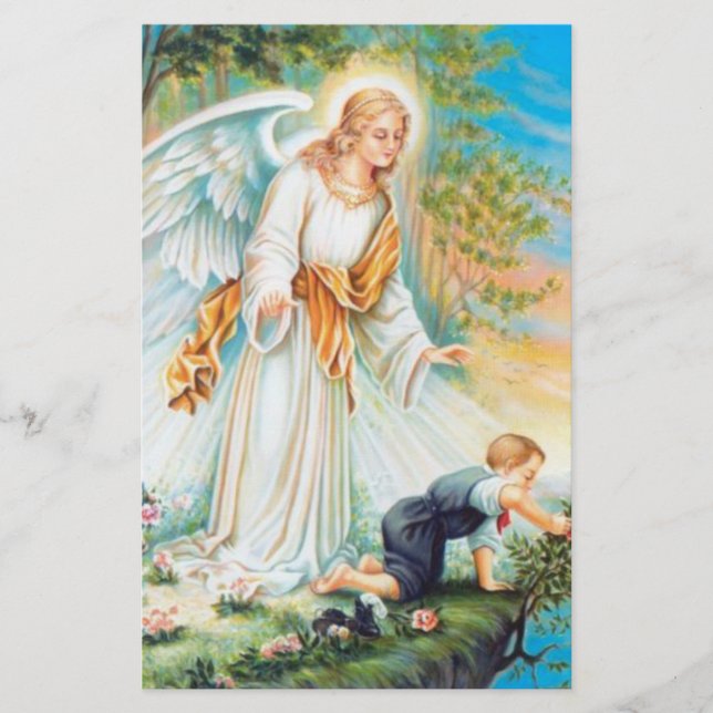 Guardian Angel Child Boy Flowers Stationery (Front)