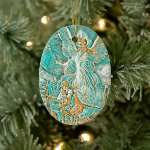 Guardian Angel, Children and Bridge Gold and Teal Ceramic Tree Decoration