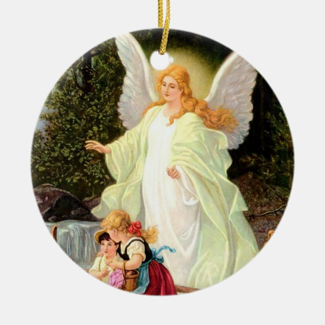 Guardian Angel children crossing bridge Ceramic Tree Decoration (Front)