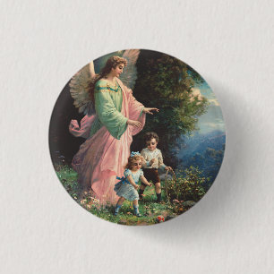 Guardian angel protecting children near a ledge 3 cm round badge