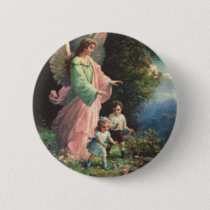 Guardian angel protecting children near a ledge 6 cm round badge