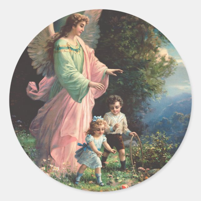 Guardian angel protecting children near a ledge classic round sticker (Front)