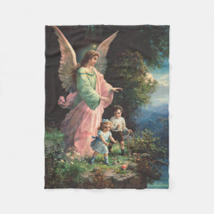 Guardian angel protecting children near a ledge fleece blanket