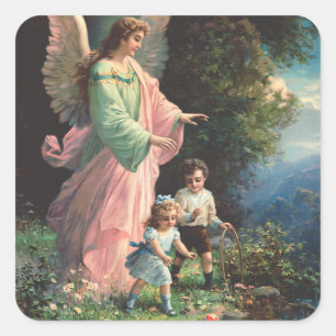 Guardian angel protecting children near a ledge square sticker