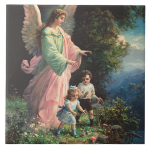 Guardian angel protecting children near a ledge tile