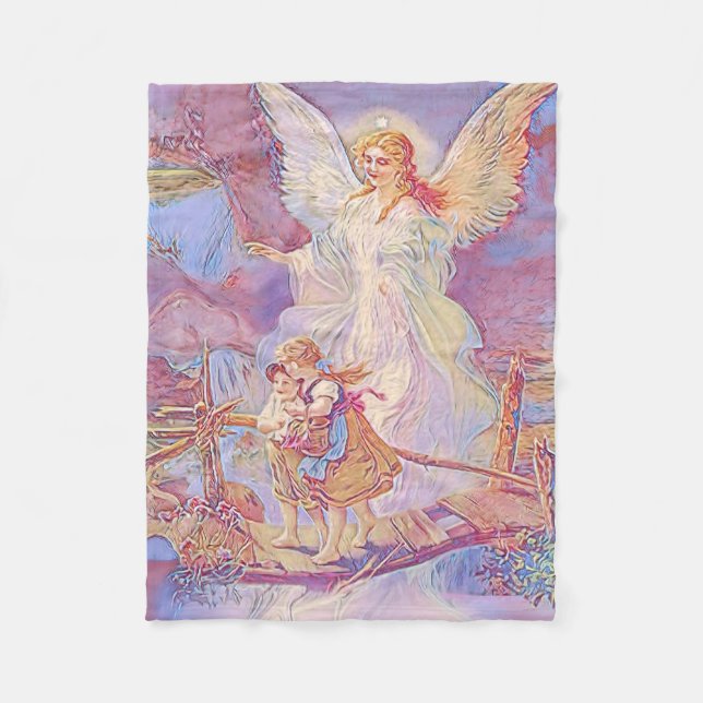 Guardian Angel with Children Crossing Bridge Fleece Blanket (Front)