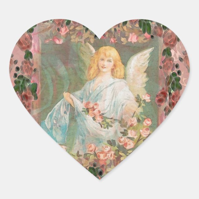 Guardian Angel with Pink Roses Heart Sticker (Front)