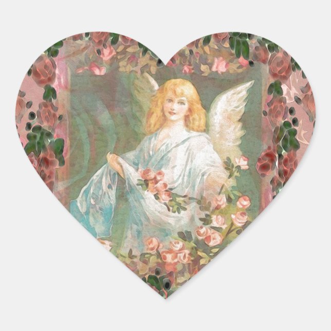 Guardian Angel with Pink Roses Heart Sticker (Front)