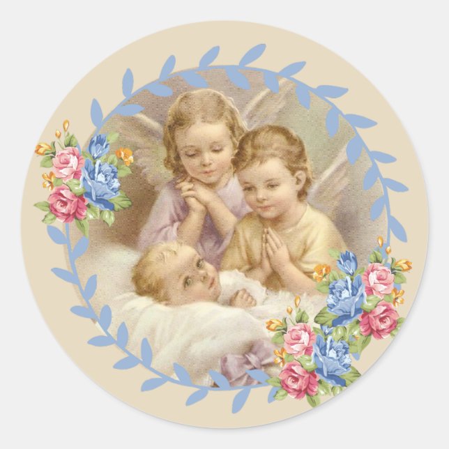 Guardian Angels with Baby Roses Wreath Classic Round Sticker (Front)