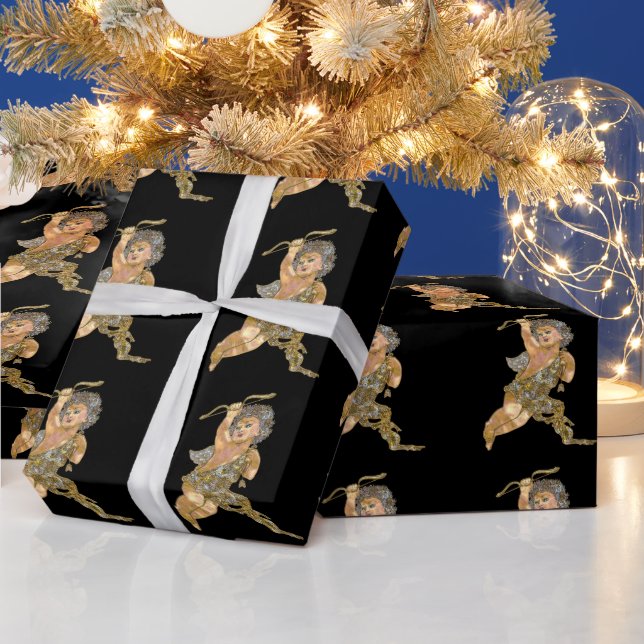 Guardian Christmas Angel on Black Glossy Wrapping Paper (Holidays)