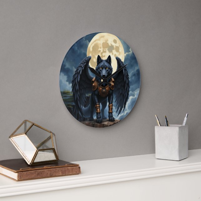 Guardian of the Moon – The Black Winged Wolf Large Clock (Office)
