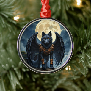 Guardian of the Moon – The Black Winged Wolf Metal Tree Decoration