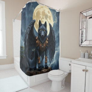 Guardian of the Moon – The Black Winged Wolf Shower Curtain