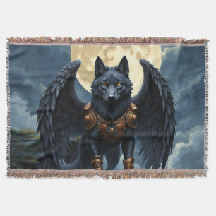 Guardian of the Moon – The Black Winged Wolf Throw Blanket