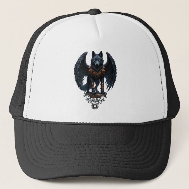 Guardian of the Moon – The Black Winged Wolf Trucker Hat (Front)