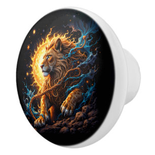Guardian of the Solar Threshold – Lion of Balance Ceramic Knob