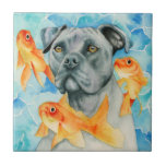 Guardian | Pit Bull Dog and Goldfishes Watercolor Tile<br><div class="desc">This is a watercolor painting of a pit bull dog and orange goldfishes floating around him. I used Holbein and Daniel Smith watercolor paints on Arches hot pressed paper.</div>
