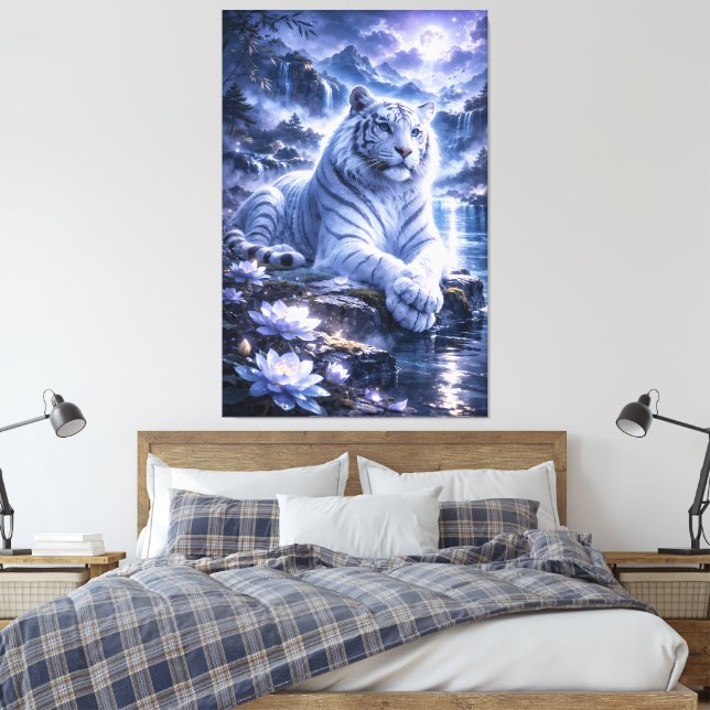 Guardian White Tiger – Silent Strength and Gentle  Canvas Print (Insitu(Bedroom))
