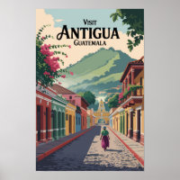 Guatemala Antigua Illustration Travel Art Vintage