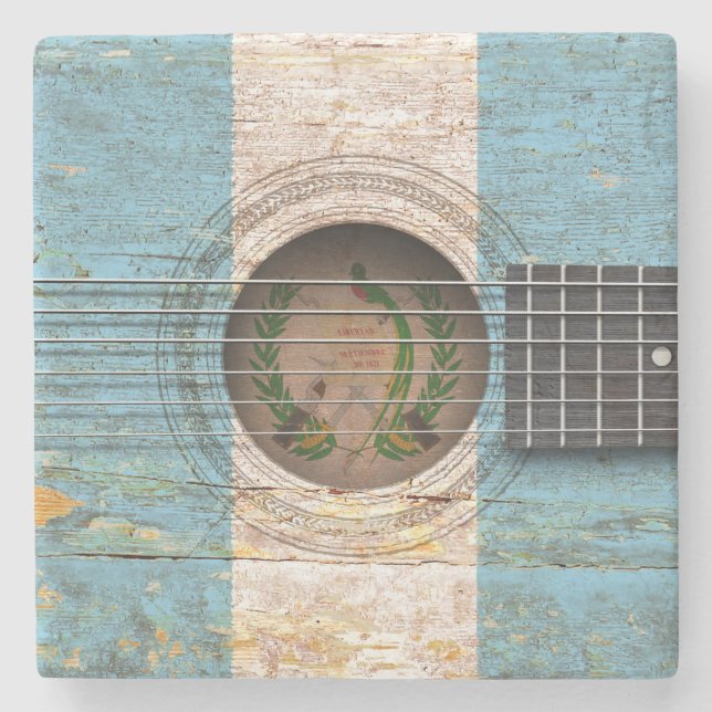 Guatemalan Flag on Old Acoustic Guitar Stone Coaster (Front)